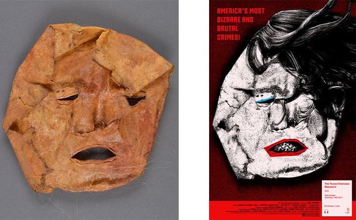 Leatherface mask from the collection of the Ransom Center, Austin, TX (L), 'The Texas Chainsaw Massacre' by Rob Jones (R)