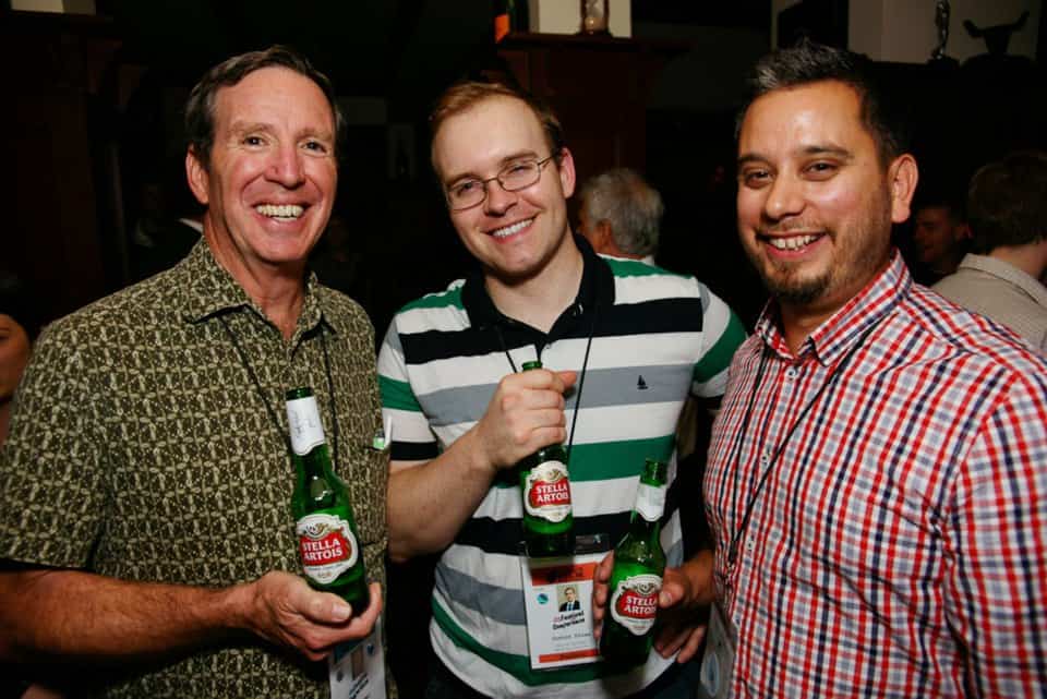 Justin Sloan (center) and Your Humble Narrator (Right) at the Austin Film Festival posing with our free Stella Artois.