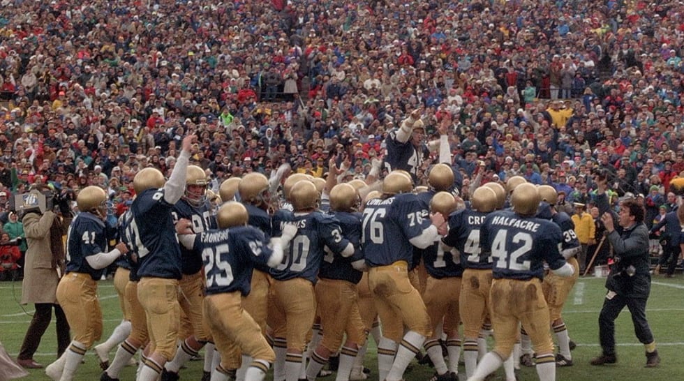 Rudy Ruettiger gets carried off the field, the only player in Notre Dame history since 1975 to get the honor.