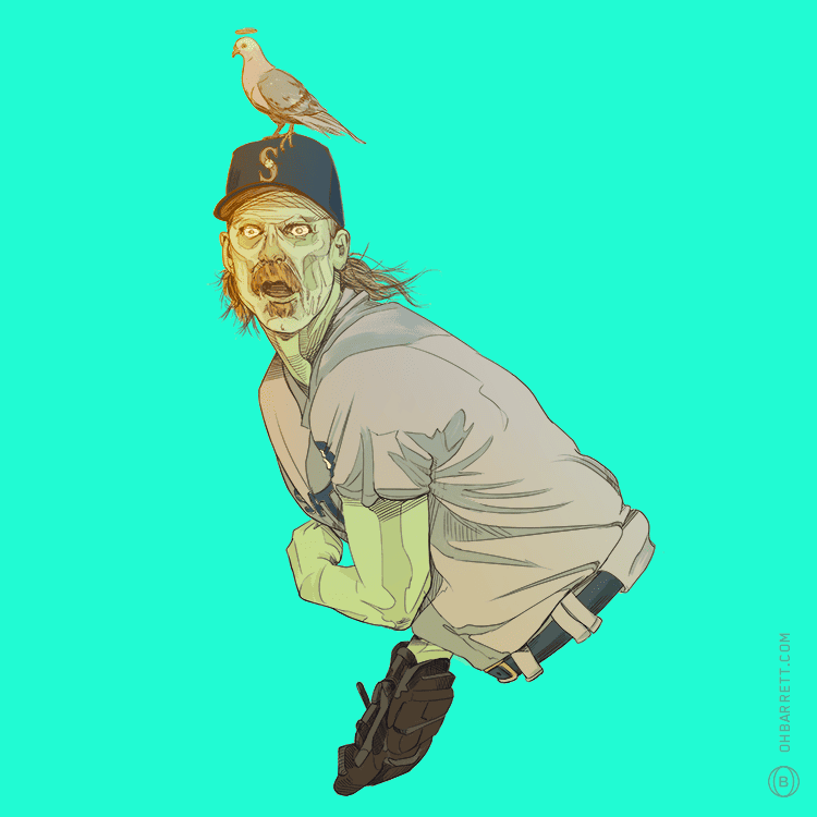 'Randy Johnson' from Oliver Barrett's series of 'Baseball Jerks' prints