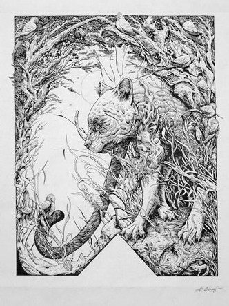 'Bagherra' ink drawing by Andrew Ghrist for his show 'Tiger! Tiger!' at Galerie F