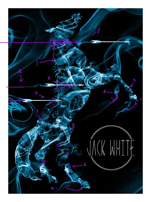 Todd Slater's in progress Jack White gig poster with notes from Rob Jones