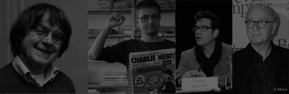 Cartoonists Jean Cabut (Cabu,) Bernard Verlhac (Tingous,) Georges Wolinski, and Stéphane Charbonnier (Charb.)