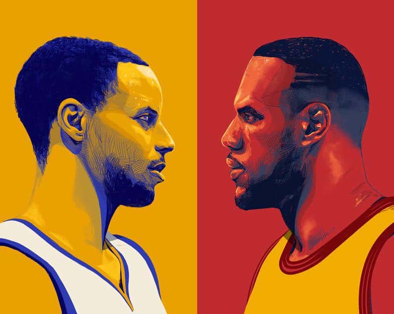 Illustration of Stephen Curry of the Golden State Warriors and Lebron James of the Cleveland Cavaliers for the ESPN coverage of the 2015 NBA Finals by Oliver Barrett