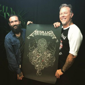 Richey Beckett (L) and James Hetfield (R) of Metallica with Beckett's 'Ktulu' poster.