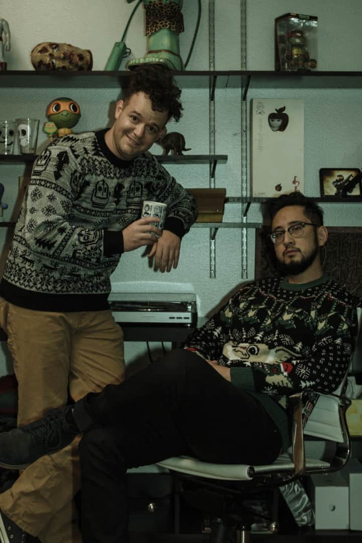 Illustrators Todd Slater (L) and Randy Ortiz (R) sport the new knit sweaters from Mondo x Middle of Beyond | photo by Holly Burnham