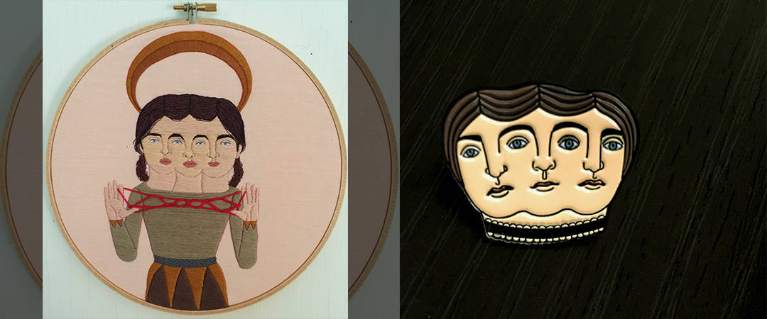 'Sisters' embroidery work (L) and 'Sisters' soft enamel pin (R) both by Alaina Varrone