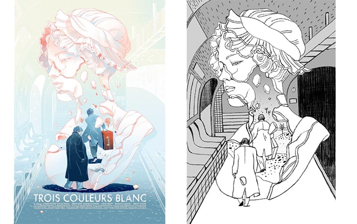 'Blanc' final and sketch by Victo Ngai for Black Dragon Press' 'Three Colours Trilogy'