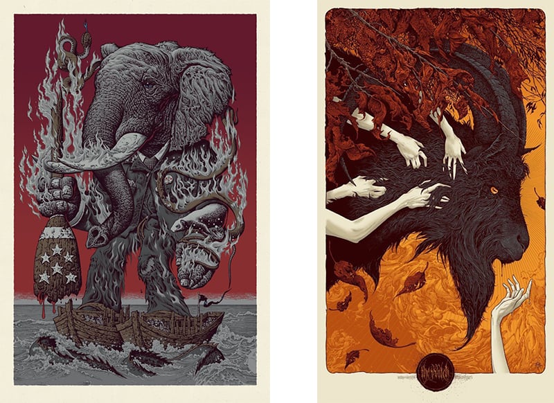'Aftermath' by Mike Sutfin (L) and 'The VVitch' by Aaron Horkey | both printed by Ben LaFond at Burlesque of North America