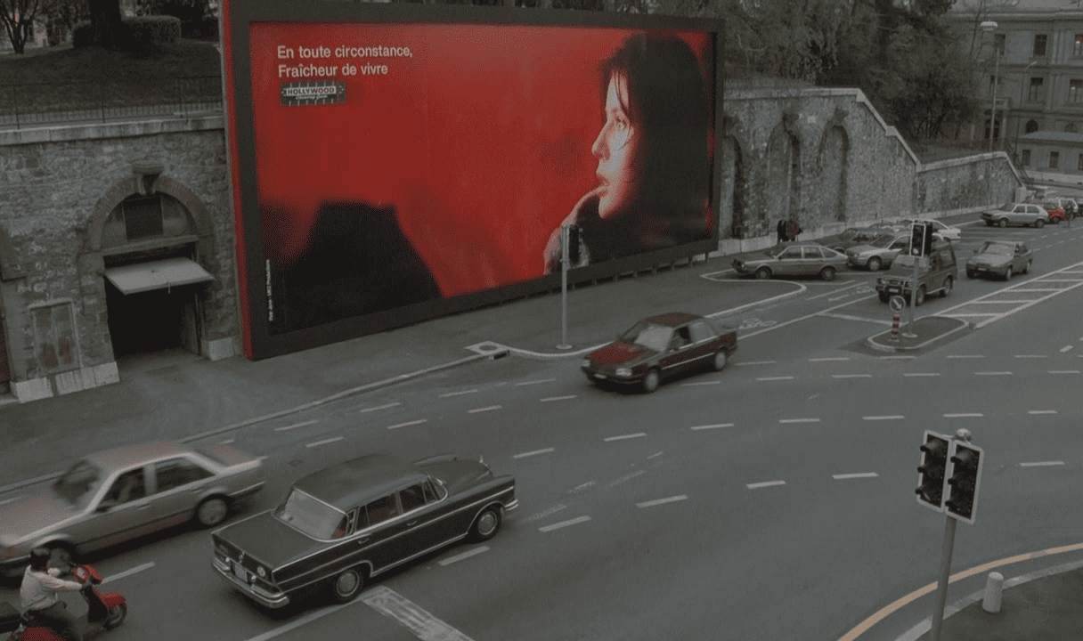 Billboard of Irène Jacob (Valentine) in Krzysztof Kieślowski's 'Red'