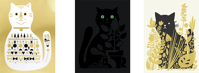 'Ralph' (L), 'Midnight Cat' (C), 'Cat Behind Plants' (R), by Little Friends of Printmaking