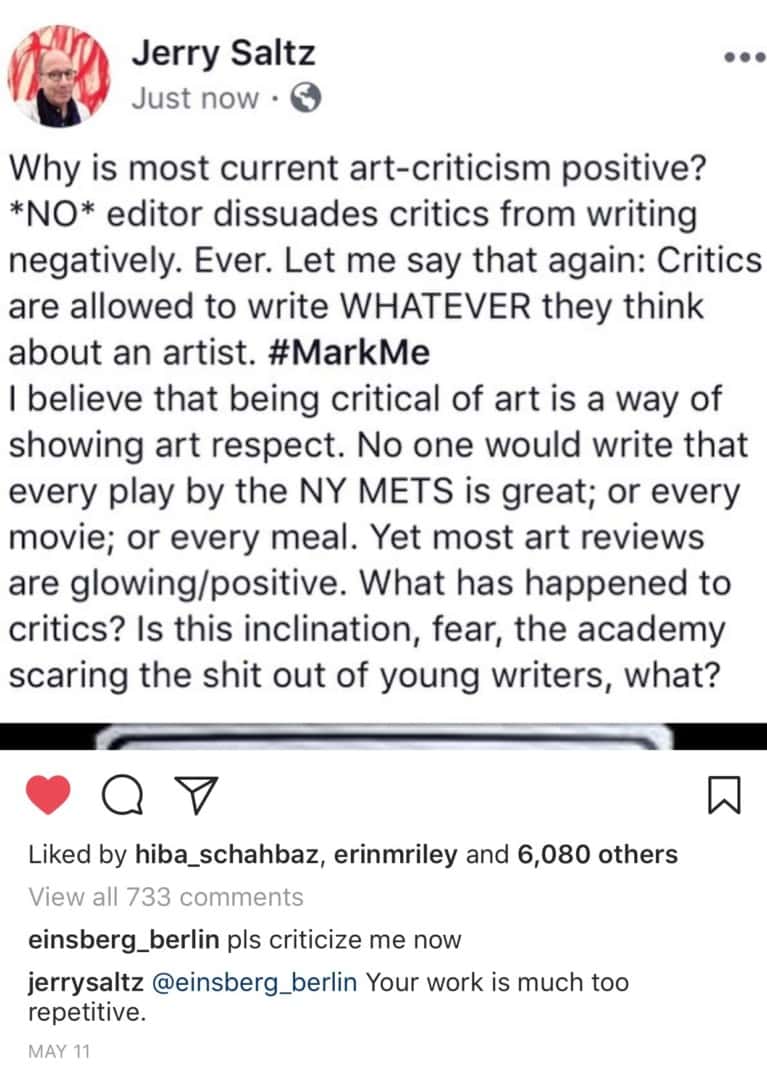 From the Instagram feed of art critic Jerry Saltz