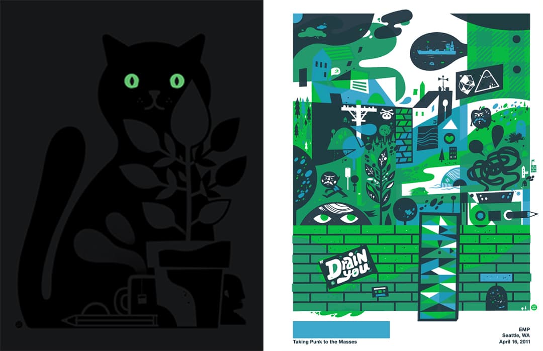 'Midnight Cat' (L) 'Bringing Punk to the Masses' (R) by The Little Friends of Printmaking