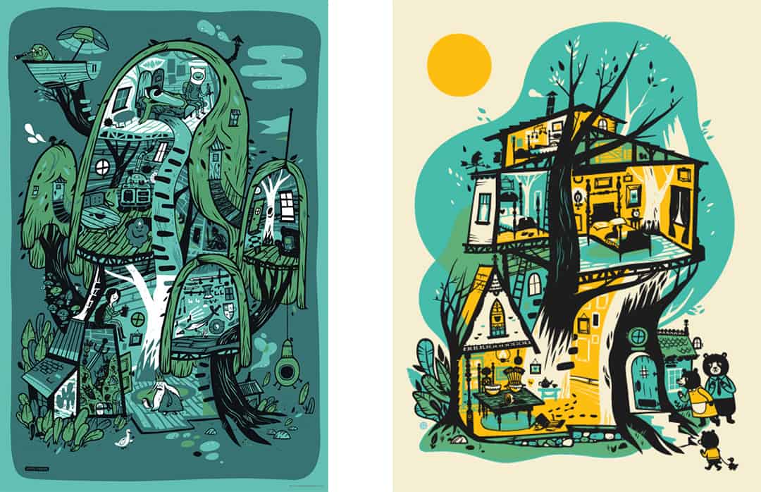 'Treehouse' (L) and 'Three Bears' (R) by The Little Friends of Printmaking