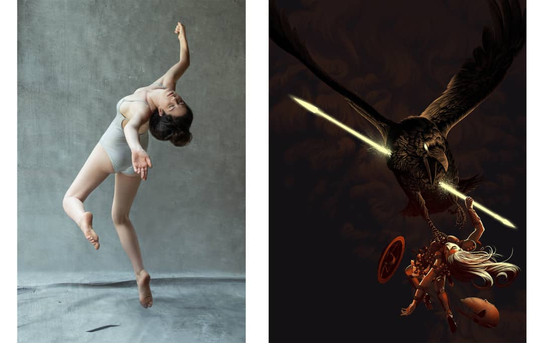 (L) Reference photo shot by Holly Burnham with model Kelsey Dylan | (R) 'Seige' by Kevin Tong