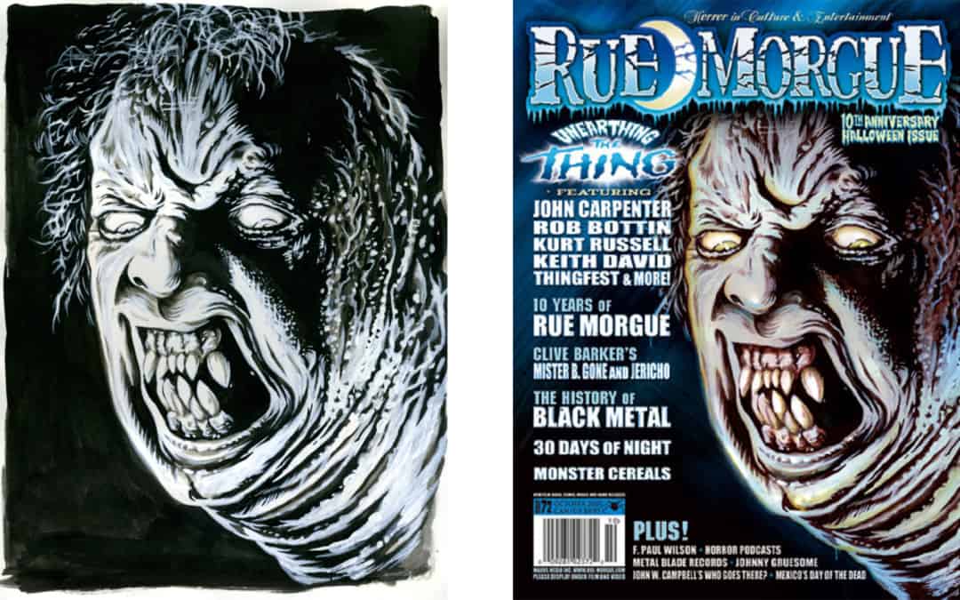 'The Thing' sketch (L) and final (R) for Rue Morgue #72 by Gary Pullin