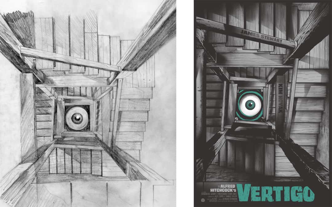 'Vertigo' sketch (L) and final (R) for Mondo by Gary Pullin