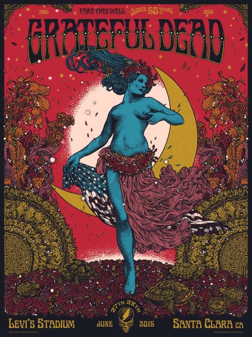 Gig poster illustrated by Richey Becket for for the Grateful Dead's 'Fare Thee Well' at Levi's Stadium, Santa Clara CA on June 27th & 28th, 2015