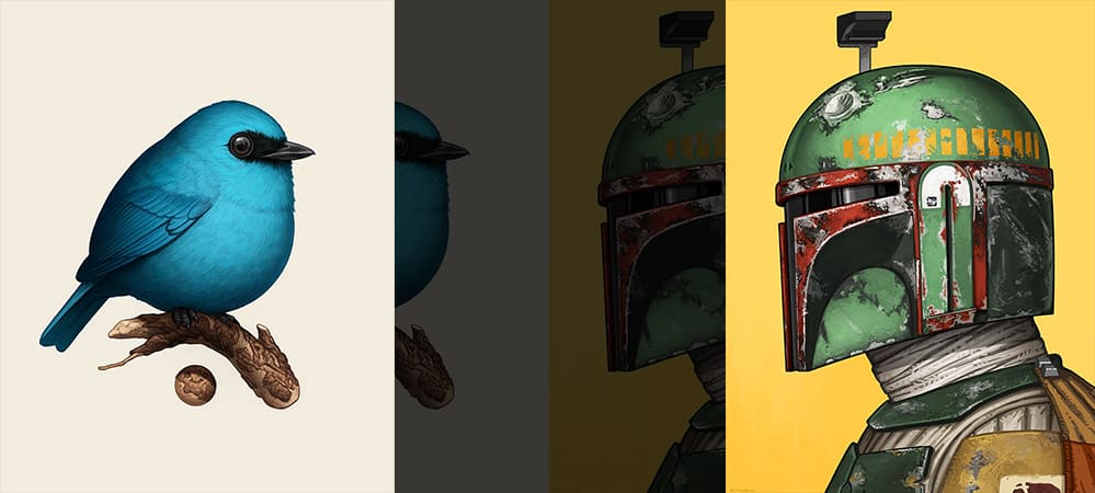 'Verditer Flycatcher' from Mike Mitchell's Fat Bird series (left) and 'Boba Fett' from the Star Wars portrait series (right)